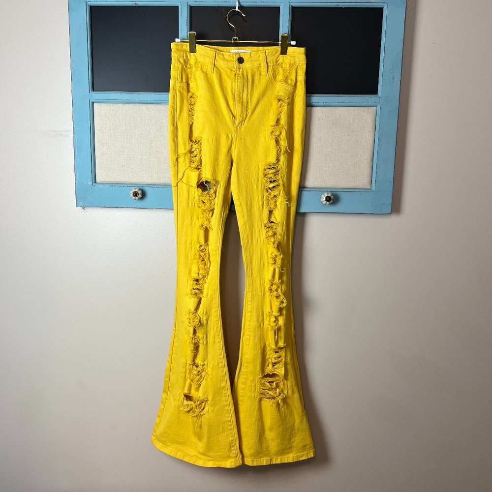 Aphrodoite Yellow Destroyed Jeans Bell Bottom Sz 7(28) High Waist Funky Boho